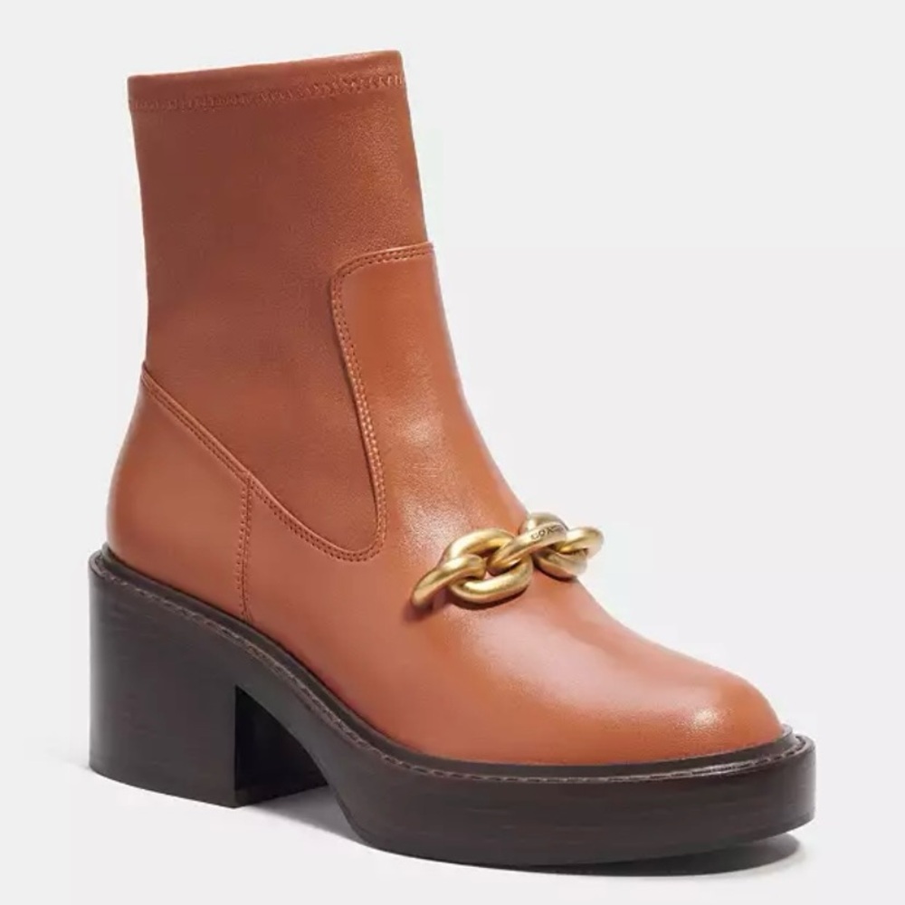 💫HP‼️💫 NWOB COACH Kennie Leather Bootie, Burnished Amber w/Chain Detail, Sz 8.5